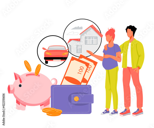 Family budget and financial planning concept  with  married couple. Family money savings concept with young couple expecting baby, flat vector illustration isolated on white.