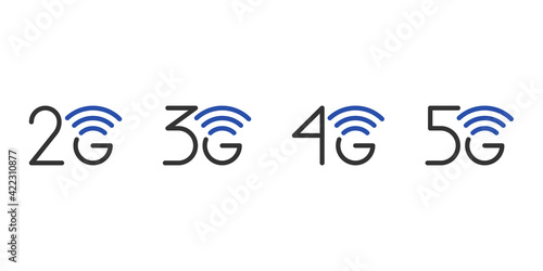 2G 3G 4G 5G network connection business symbol set. 5th generation and lower wireless internet technology icons. Vector communication emblem blue design template isolated