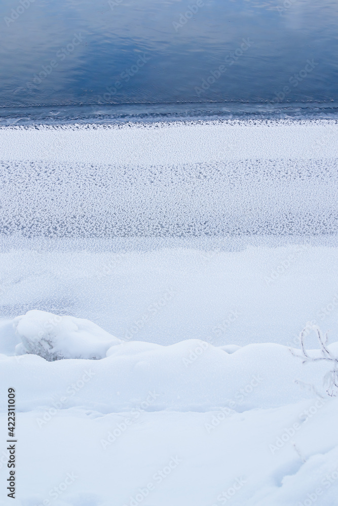 Winter horizontal blue river with sky reflection and frozen snowy bank, shore. Minimalism. Natural north landscape. Top view