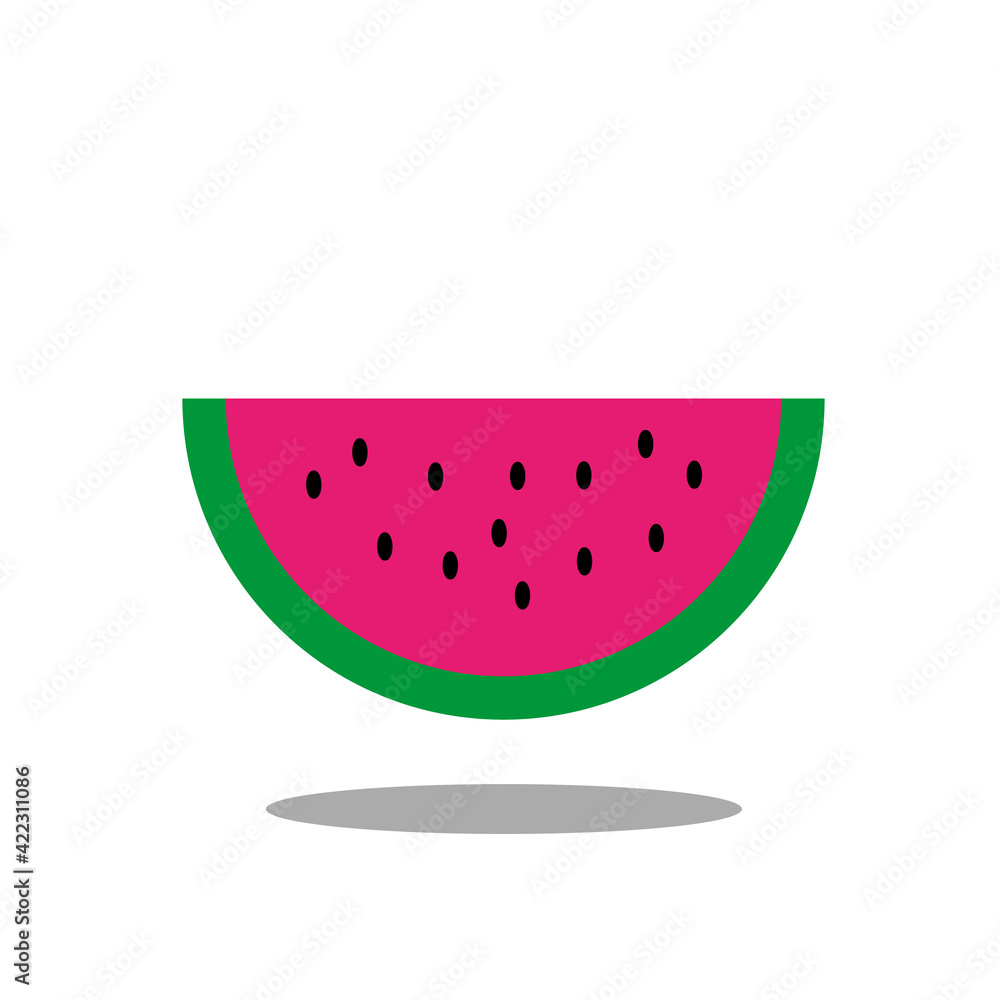 Slice of magenta watermelon with green peel, black seeds and shadow isolated on white background Slice of magenta watermelon with green peel, black seeds and shadow isolated on white background