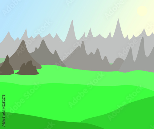 Painting with nature. Mountains, sky, green grass. Spring and summer time. Time of flowering and awakening of nature. Vector. Environmental Protection.