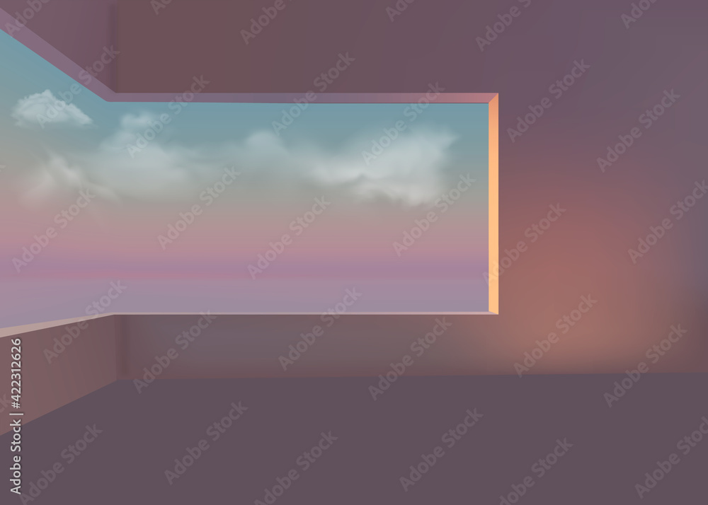 3d room with a window overlooking the sea, clouds and sunset.