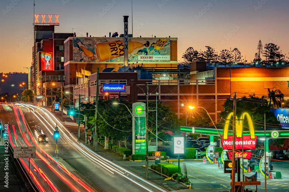 Brisbane, Australia - Feb 3, 2021: Famous XXXX brewery building illuminated  at sunset Stock Photo | Adobe Stock