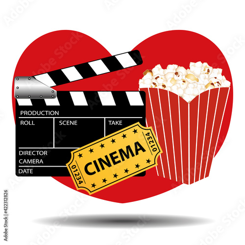 Love Cinema concept. Clapper board, cinema ticket and pop corn. Vector illustration.	