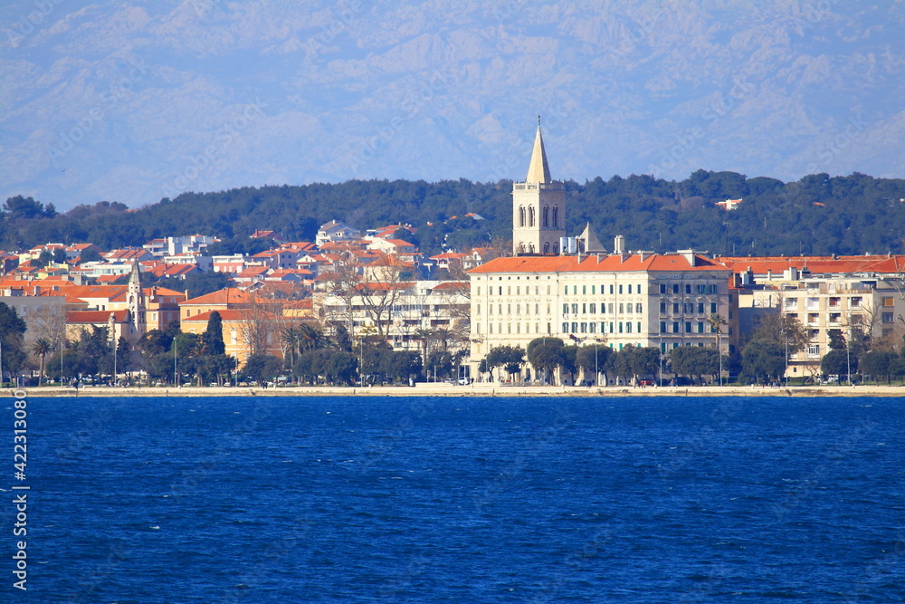 Zadar, touristic destination in Croatia, panoramic view from the Adriatic sea, Velebit mountain in background