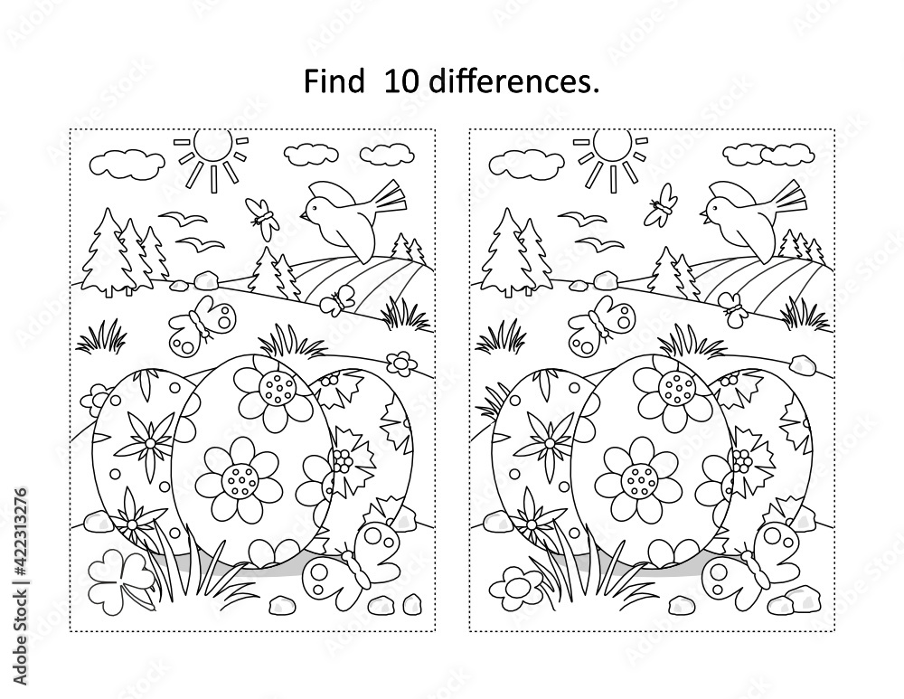 Fototapeta premium Easter holiday themed find the ten differences picture puzzle and coloring page with 3 painted eggs in rural scene 