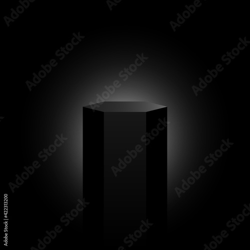 Black hexagonal pedestal. Exhibition stand. Vector illustration.