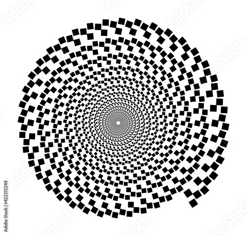 Spiral vector pattern from squares on a white background. Isolated geometric pattern. Black and white, monochrome, technological