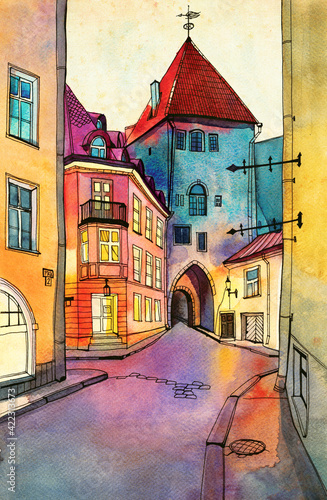 Tallinn Pikk street  watercolor architecture painting