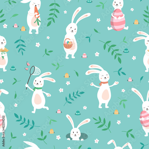 Cute hand drawn Easter seamless pattern with Bunnies and Easter decoration, Egg hunt, cute poses, great for textiles, banners, wallpapers, prints - vector design