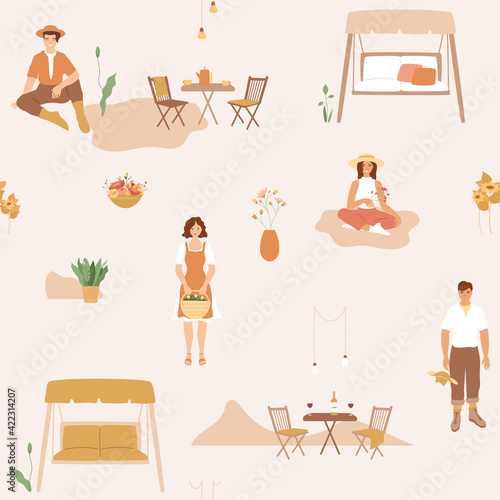 Beautiful people resting on the farm. Countryside vector illustration, seamless pattern. Cozy courtyards with garden furniture, swings, lanterns, flowers. Wine on the table, weekend on the ranch