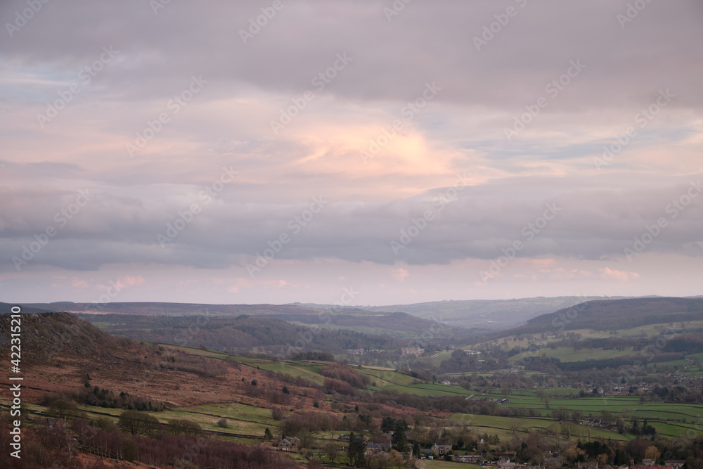 Evening light over the Derwent Valley from Curbar Edge, Peak District, UK