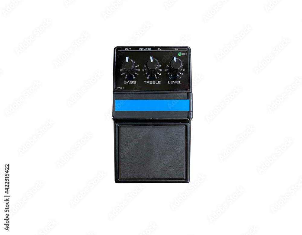 Isolated Black overdrive and black knob pre-amplifier stompbox electric guitar effect on white background with clipping path. music concept. can use for flat lay graphic or promotion. . Isolated Black overdrive and black knob pre-amplifier stompbox electric guitar effect on white background with clipping path. music concept. can use for flat lay graphic or promotion. .