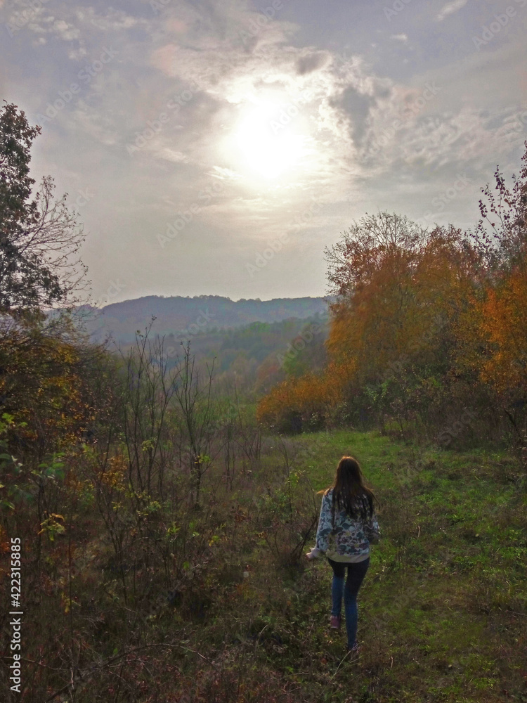 The girl walks through the meadow against the background of the autumn forest