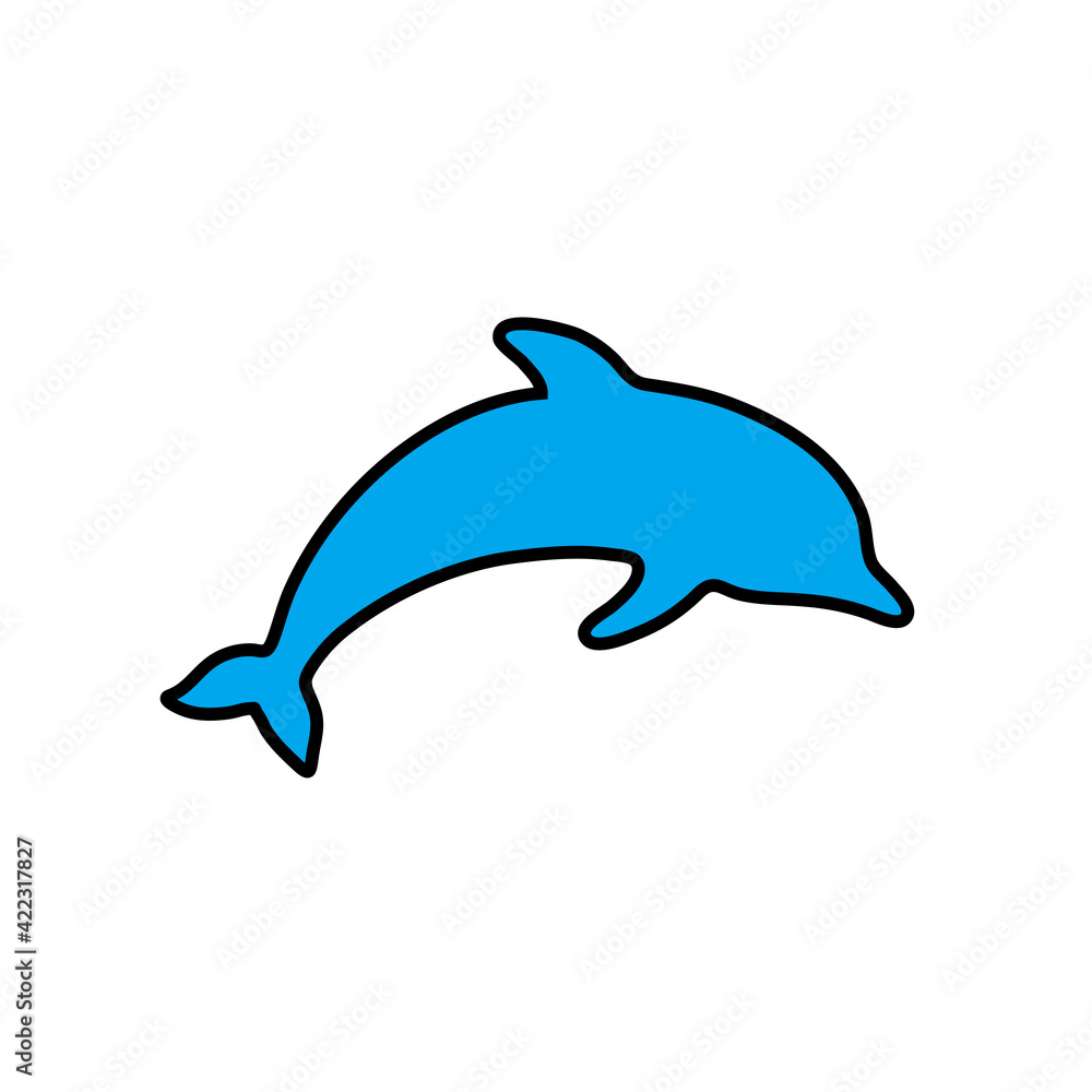 Flat round blue icon with silhouette of playing dolphin. Summer resort and entertainment symbol. Vector isolated outline illustration Flat round blue icon with silhouette of playing dolphin. Summer resort and entertainment symbol. Vector isolated outline illustration