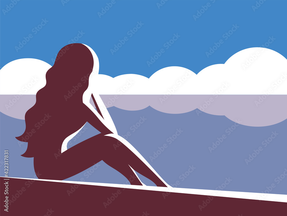 Silhouette of a girl sitting on the sand against the background of the sea. Summer beach. Vector cartoon illustration.