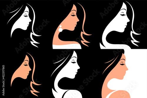 Beautiful face of a girl with closed eyes. Logo for a beauty salon. Set of vector fashion illustrations