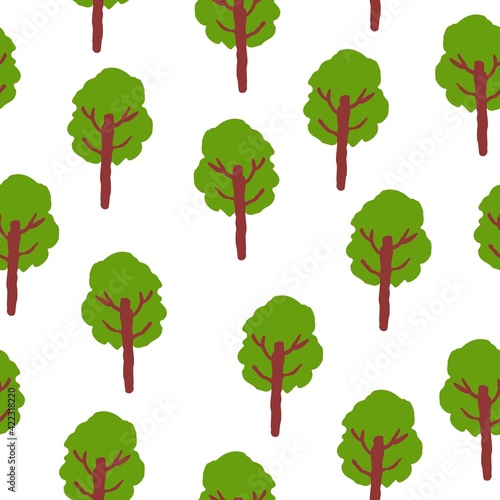 Vector seamless pattern with green deciduous trees. Brown trunk. White background. Cartoon style. Spring and summer. Nature and ecology. Post cards, wallpaper, wrapping paper, scrapbooking, textile