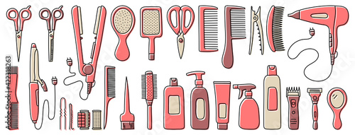 Hairdressing equipment line sketch. Hair dresser tools. Hand drawn doodle icons set. Vector illustration. Barber symbols collection. Hairdryer, scissors, comb, mirror, straightener and curler