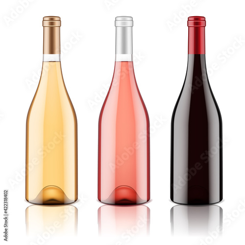 Set of transparent wine bottles, isolated.