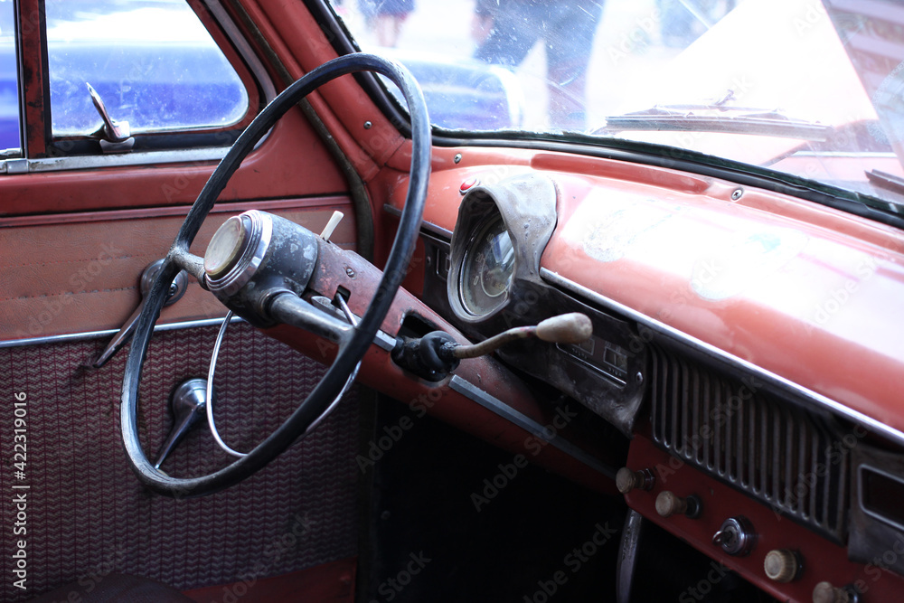 Very simple interior of an old retro car.