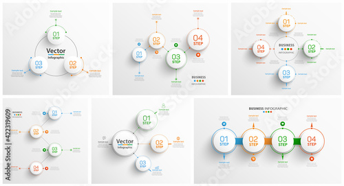 Collection of colorful infographic with options, parts, steps or processes.   Can be used for workflow layout, diagram, number options, web design