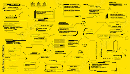 Futuristic footnotes, pointers, isolated on a yellow background. Callouts titles and frame in Sci- Fi style. Bar labels, info call box bars. Futuristic info boxes layout templates.