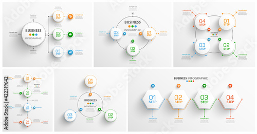 Collection of colorful infographic with options, parts, steps or processes.   Can be used for workflow layout, diagram, number options, web design