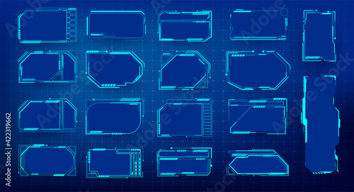 HUD set frames. Futuristic modern user interface elements, hud control panel. High tech screen for video game. Sci-fi concept design. Information call box bars and modern digital info boxes layout