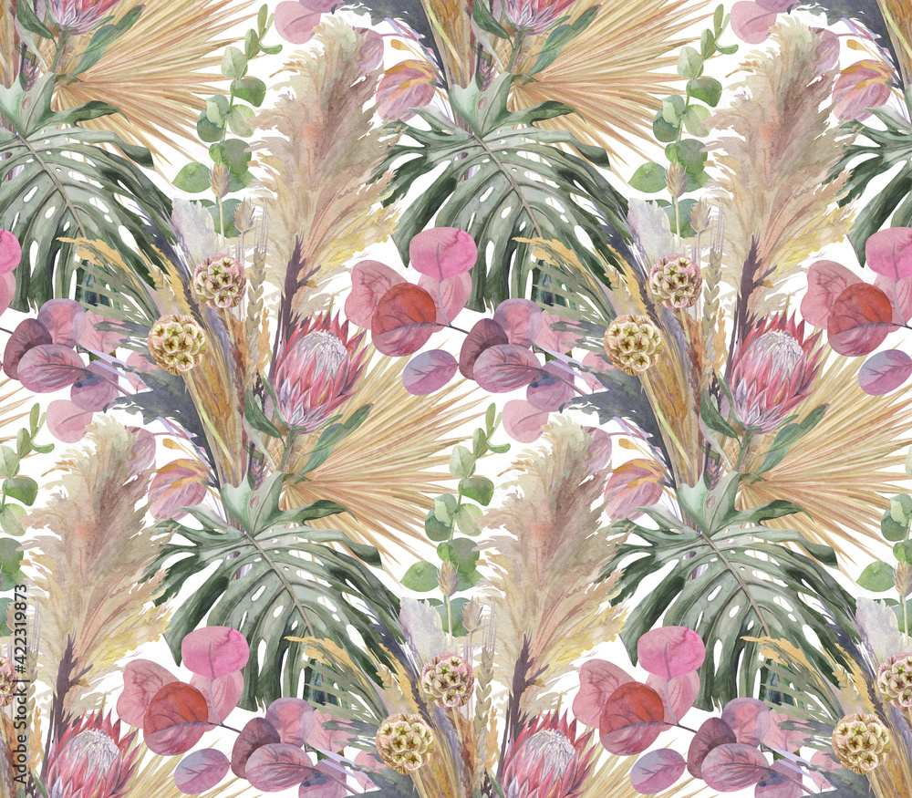 Obraz premium seamless buttern with a bouquet in boho style of dried flowers with protea flower and monstera leaf painted in watercolor