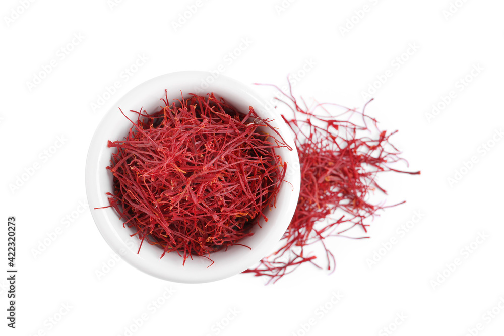Naklejka premium Dried saffron on white background, top view