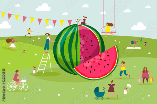Big cut watermelon and people. Summertime in park. Leisure. Jogging, yoga, walking with children, bike. Groups of people, families.