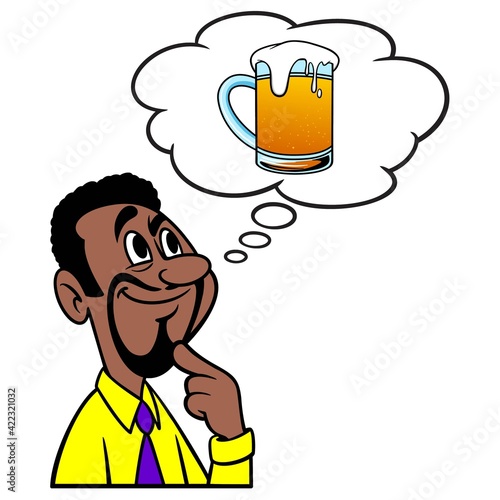 Man thinking about a mug of Beer - A cartoon illustration of a man thinking about a frosty mug of Beer.