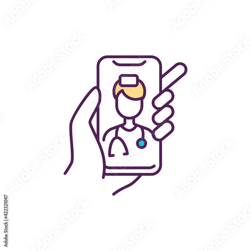 Online consultation with doctor RGB color icon. Chatting and video conferencing with physician. Getting professional diagnosis and medications recipe. Medical appointment. Isolated vector illustration