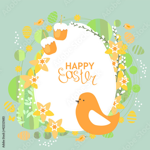 Festive greeting card with easter bird and spring flowers