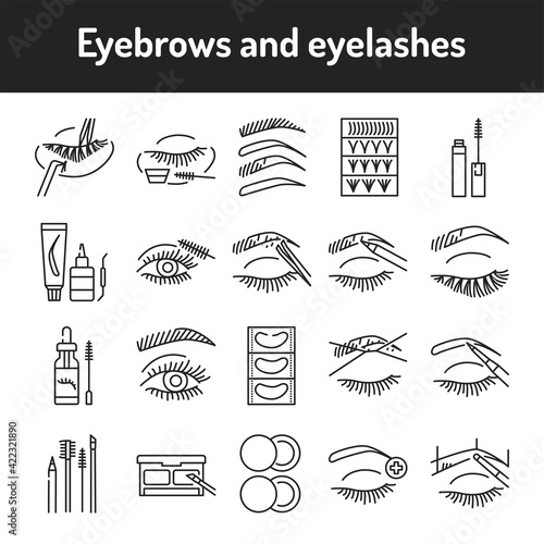 Eyelashes and eyebrows color line icons set. Pictograms for web page, mobile app, promo.