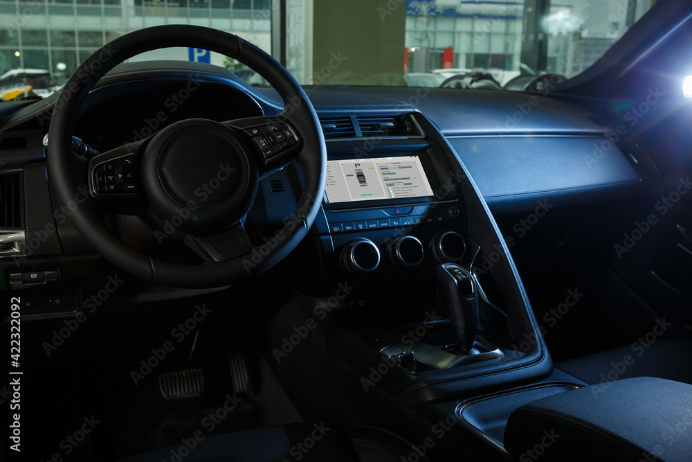 Person using digital tablet screen in a smart car