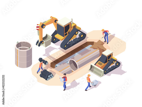 Pipeline installation. Urban work machine industrial steel pipe installation processes garish vector 3d isometric illustrations