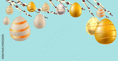 Festive greeting card with golden eggs and pussy willow