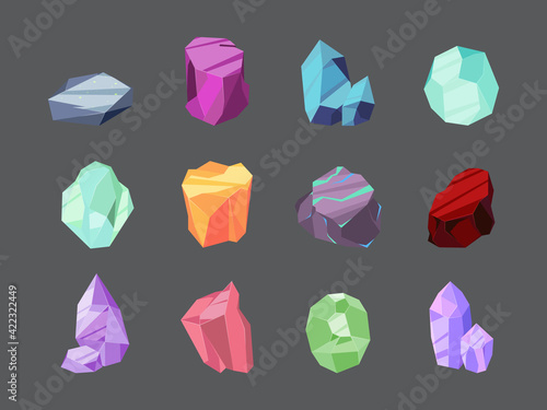 Nature gems. Brilliant gemstones luxury diamond ruby quartz crystal polygonal 3d forms uncut stones garish vector isolated pictures