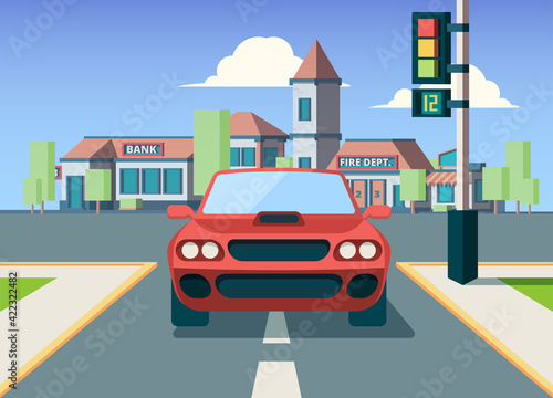 Fototapeta Naklejka Na Ścianę i Meble -  Urban car front view. City background with buildings on landscape vehicles on road travelling concept garish vector picture