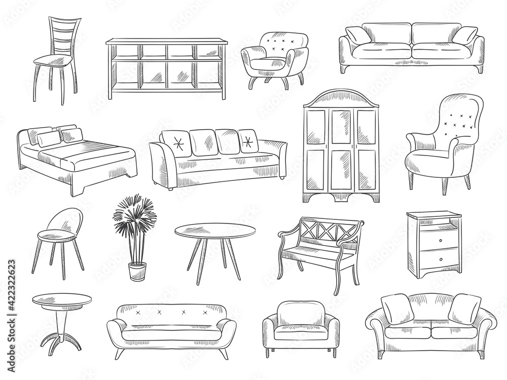 Stockvector Sketches furniture. Modern interior objects chairs beds