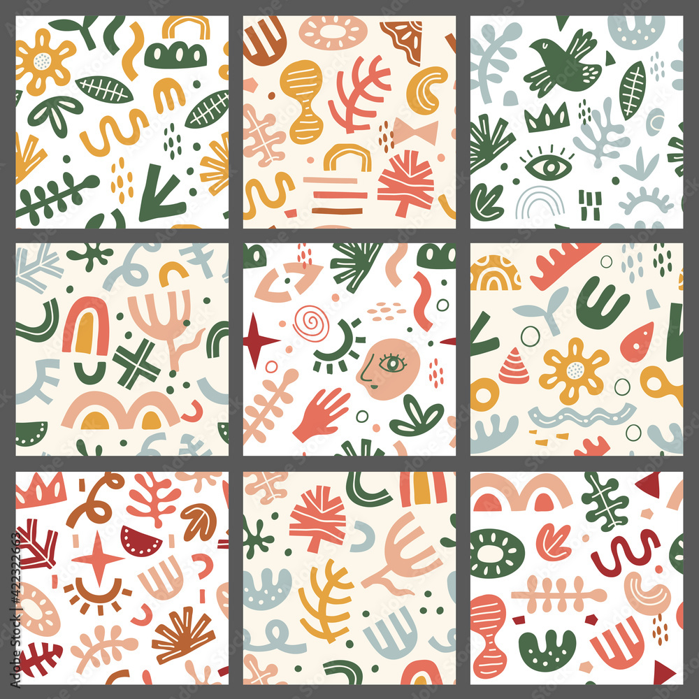 Contemporary forms pattern. Textile fabrics design projects with modern geometrical shapes printing symbols recent vector seamless background Contemporary forms pattern. Textile fabrics design projects with modern geometrical shapes printing symbols recent vector seamless background