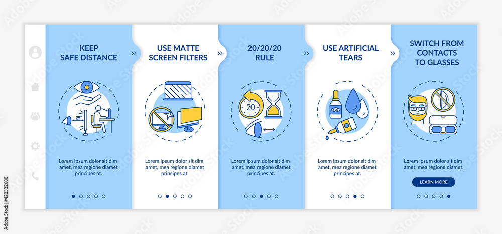 Digital eyestrain prevention tips onboarding vector template. Keep safe distance. Use matte screen filters. Responsive mobile website with icons. Webpage walkthrough step screens. RGB color concept