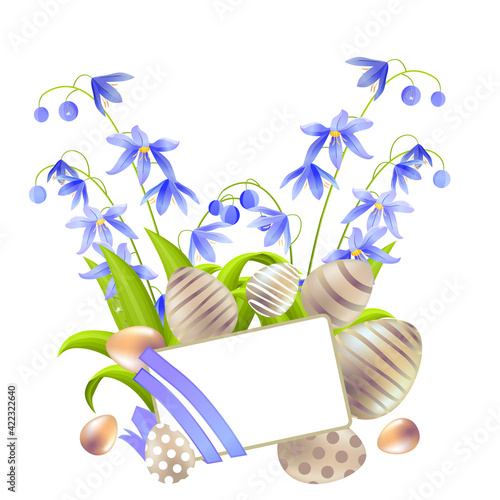 Blue flowers scilla and easter gold eggs