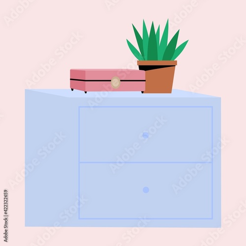 Cómoda, cajones, escritorio, mesita. Planta sobre cómoda.