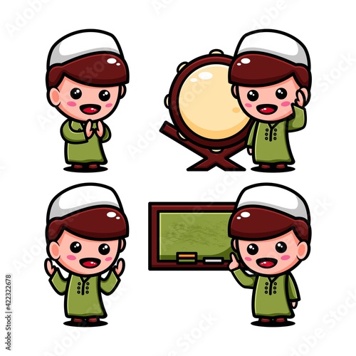 Cute muslim boy character design set with many exspression