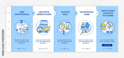 Digital eyestrain prevention tips onboarding vector template. Keep safe distance. Use matte screen filters. Responsive mobile website with icons. Webpage walkthrough step screens. RGB color concept