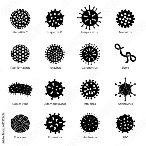 Bacteria set. Bacillus symbols human microbes stamp medical icons microorganism signs germ recent vector silhouettes illustrations set isolated