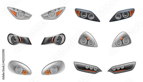 Headlights from cars. Glow automobile effects led lamp for vehicles decent vector realistic headlights car template collection